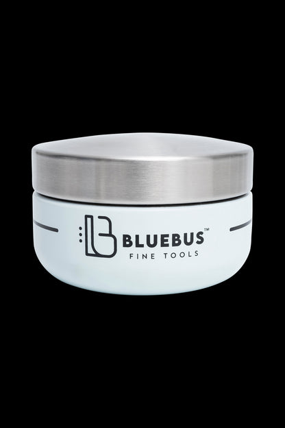 Silver cannabis storage container with “Bluebus Fine Tools” logo.