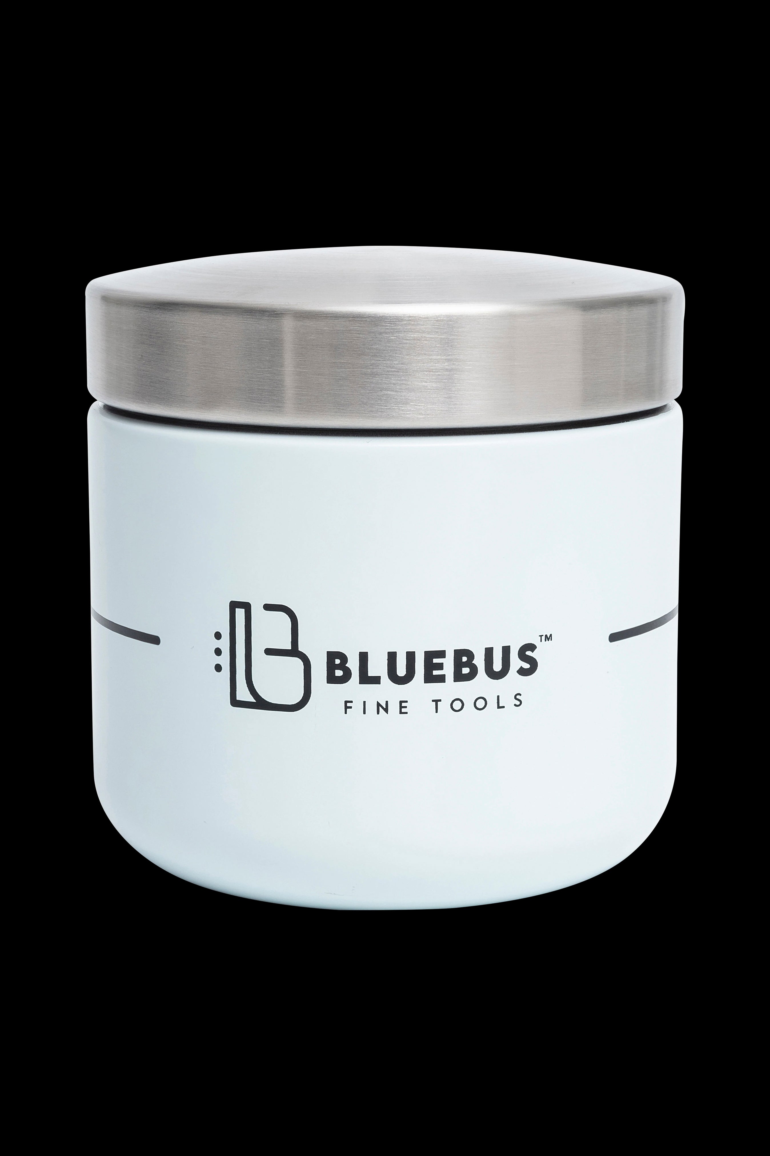 White jar with “Bluebus Fine Tools” logo, likely for cannabis storage.