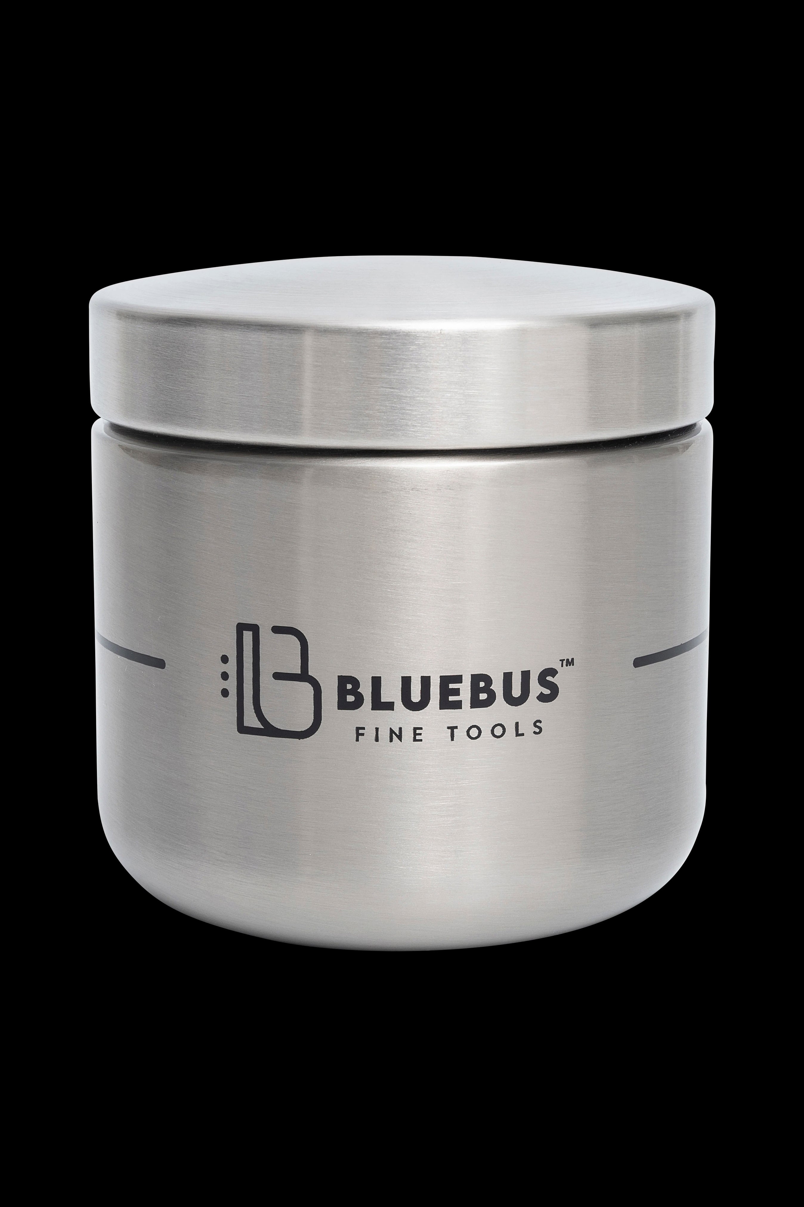 Silver storage jar with “Bluebus Fine Tools” logo, likely for cannabis concentrates.