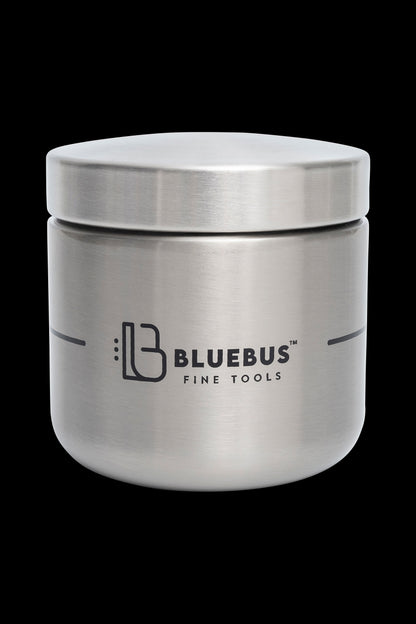 Silver storage jar with “Bluebus Fine Tools” logo, likely for cannabis concentrates.