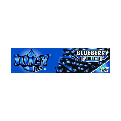 A close-up of the packaging for Juicy Jay's King Size Blueberry Rolling Papers, featuring a vibrant blue background.
