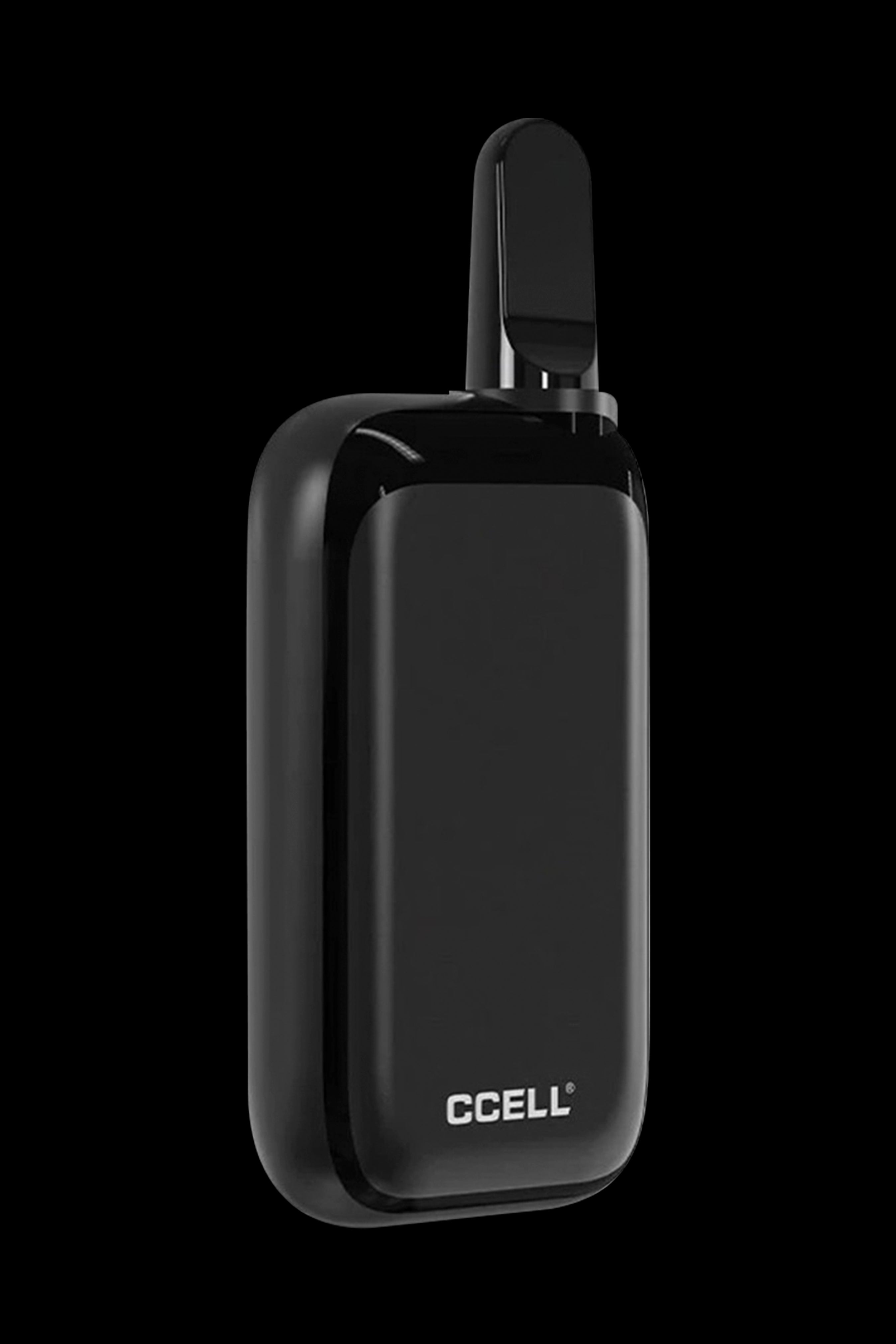 Black CCELL palm vaporizer with attached cartridge.