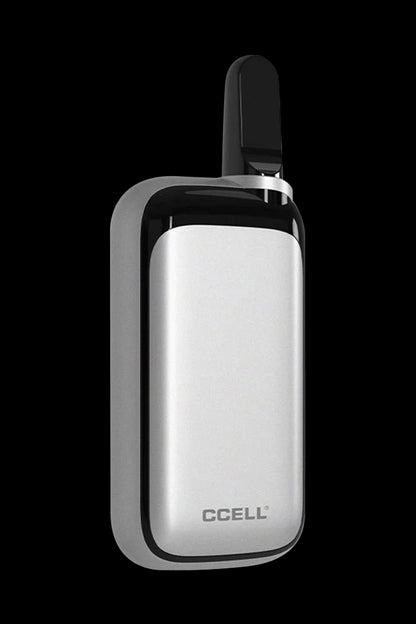 Silver CCELL palm vaporizer with a black cartridge attached.