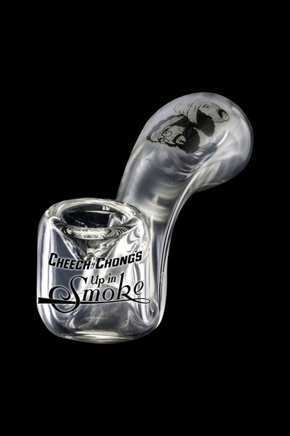 A studio shot showcases the Cheech & Chong Glass Sherlock Pipe, a curved glass pipe presented against a dark backdrop.
