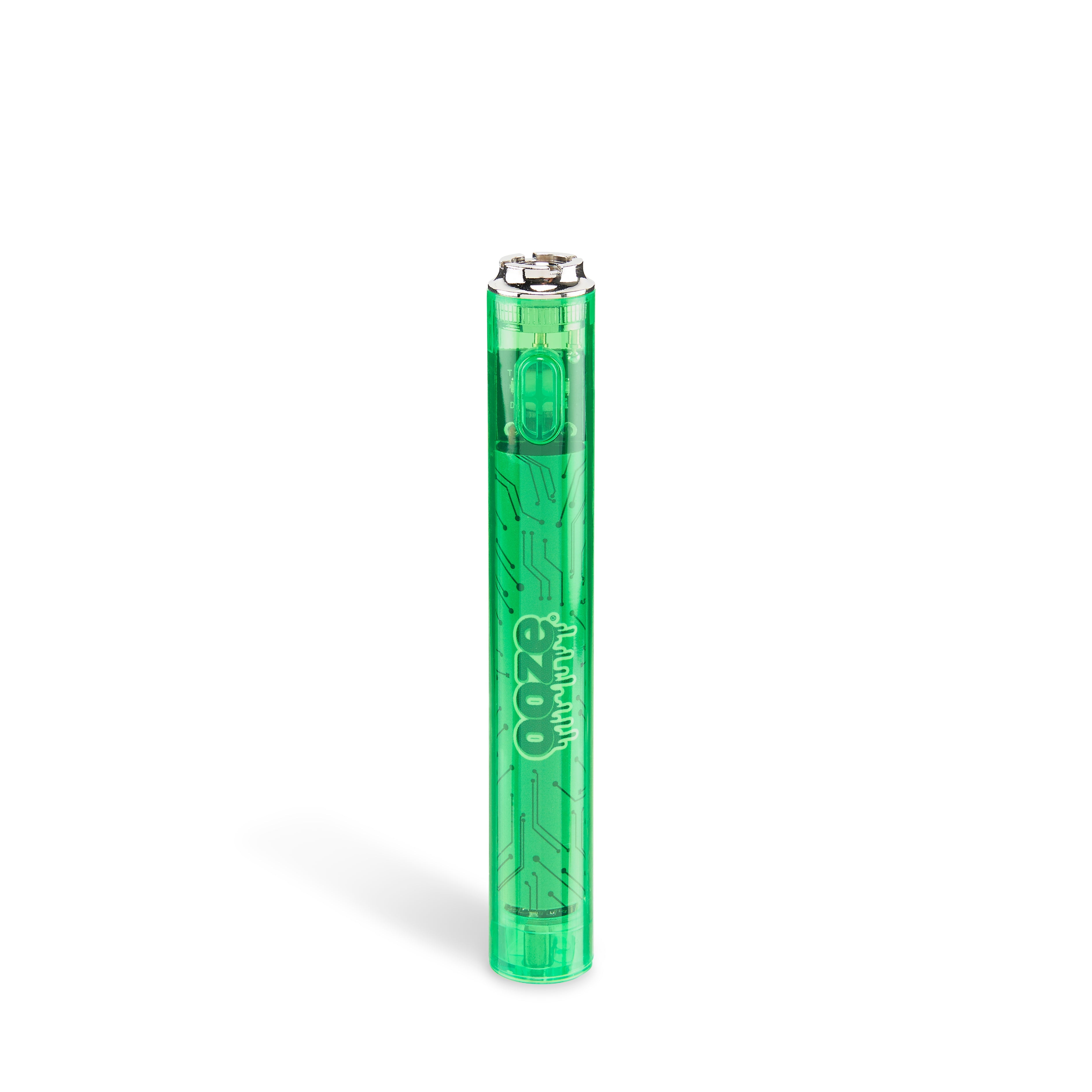 Transparent green cannabis vape pen with colorful circuit board-style branding.