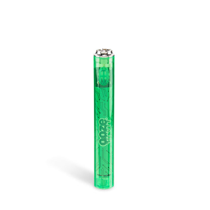 Transparent green cannabis vape pen with colorful circuit board-style branding.