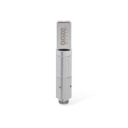 Silver cannabis oil vape cartridge with “OOZE” branding.