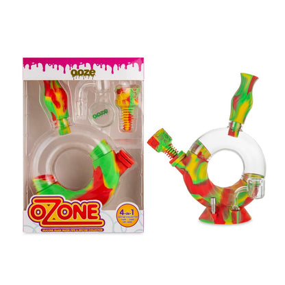 Ozone silicone water pipe and nectar collector set in red and green, packaged on a clear plastic backing."