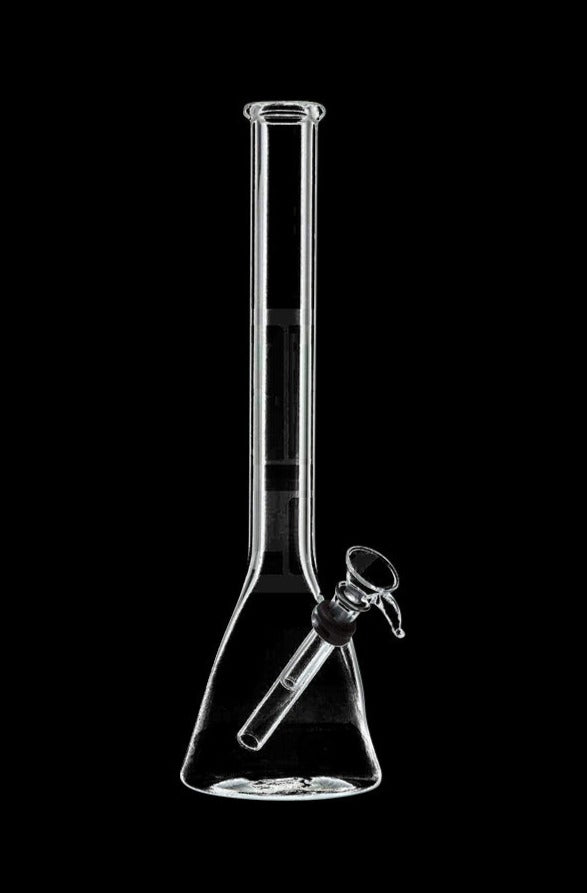 Front view of the Rubber Grommet Beaker Base Bong, a clear glass water pipe with a wide base and simple cylindrical form.
