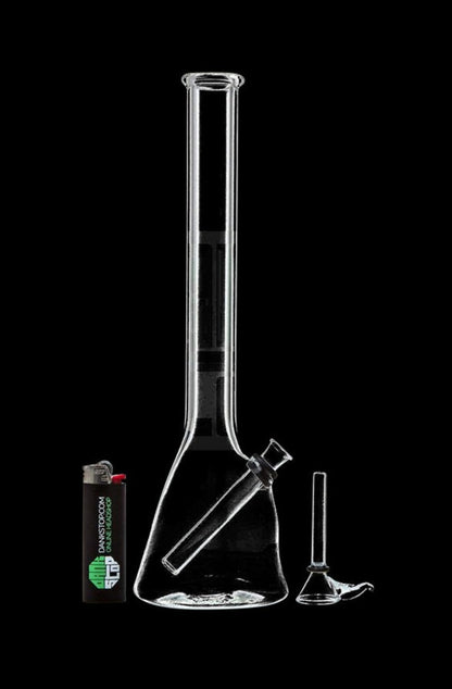 Front view of the Rubber Grommet Beaker Base Bong, a clear glass bong with a wide base and simple cylindrical shape.