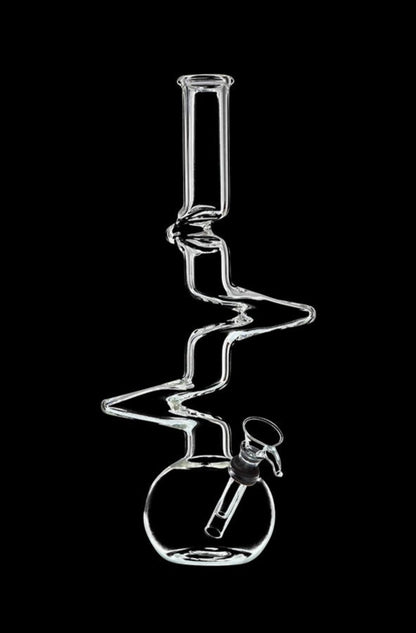 Front view of the DankStop Zig-Zag Beaker Bong, a clear glass piece with a unique, angled design.