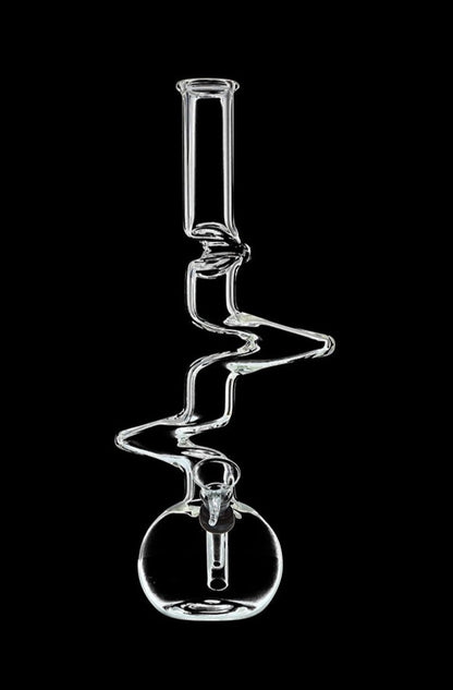 Front view of the DankStop Zig-Zag Beaker Bong, showcasing its clear glass construction and uniquely angled design.