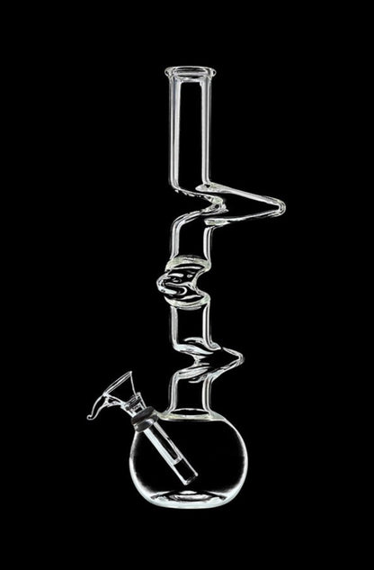 Front view of the DankStop Zig-Zag Beaker Bong, showcasing its clear glass construction and uniquely angled design.
