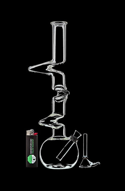 A straight-on view of the DankStop Zig-Zag Beaker Bong, showing its clear glass construction and classic beaker shape.