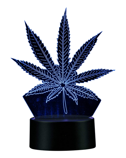 Front view of the 3D Cannabis Leaf Lamp, a black, stylized leaf shape illuminated against a plain white background.