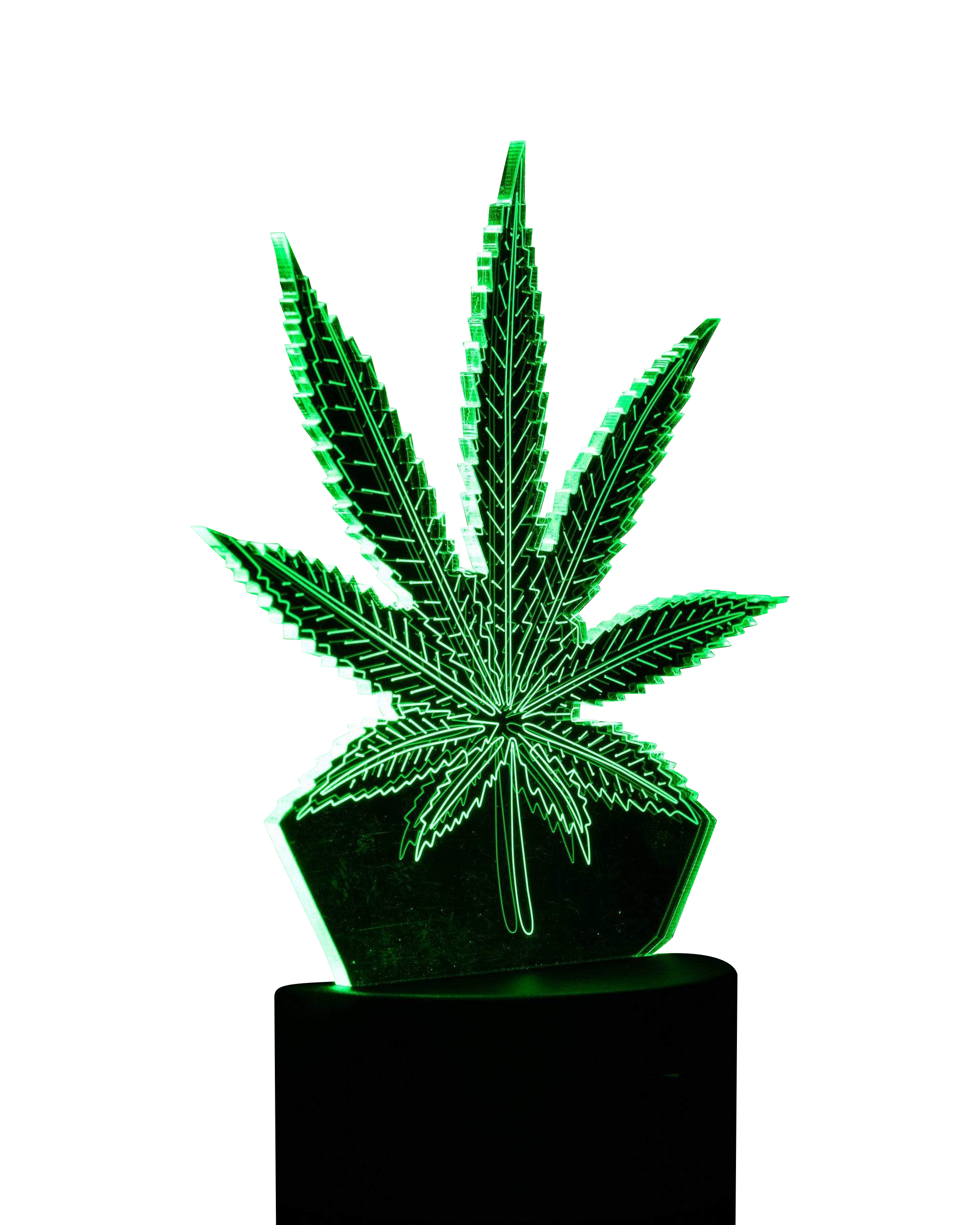 A front view of the 3D Cannabis Leaf Lamp, showcasing a sculpted leaf design in dark tones against a plain background.