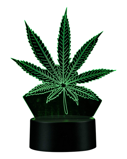 A front view of the 3D Cannabis Leaf Lamp shows a detailed, green leaf-shaped light fixture atop a black base.