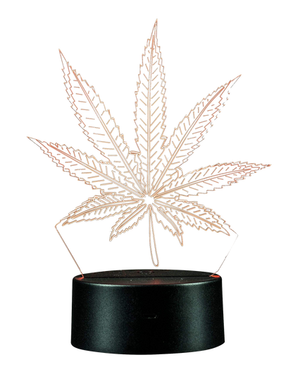 A low-angle shot of the 3D Cannabis Leaf Lamp, showing its illuminated leaf design atop a black base.