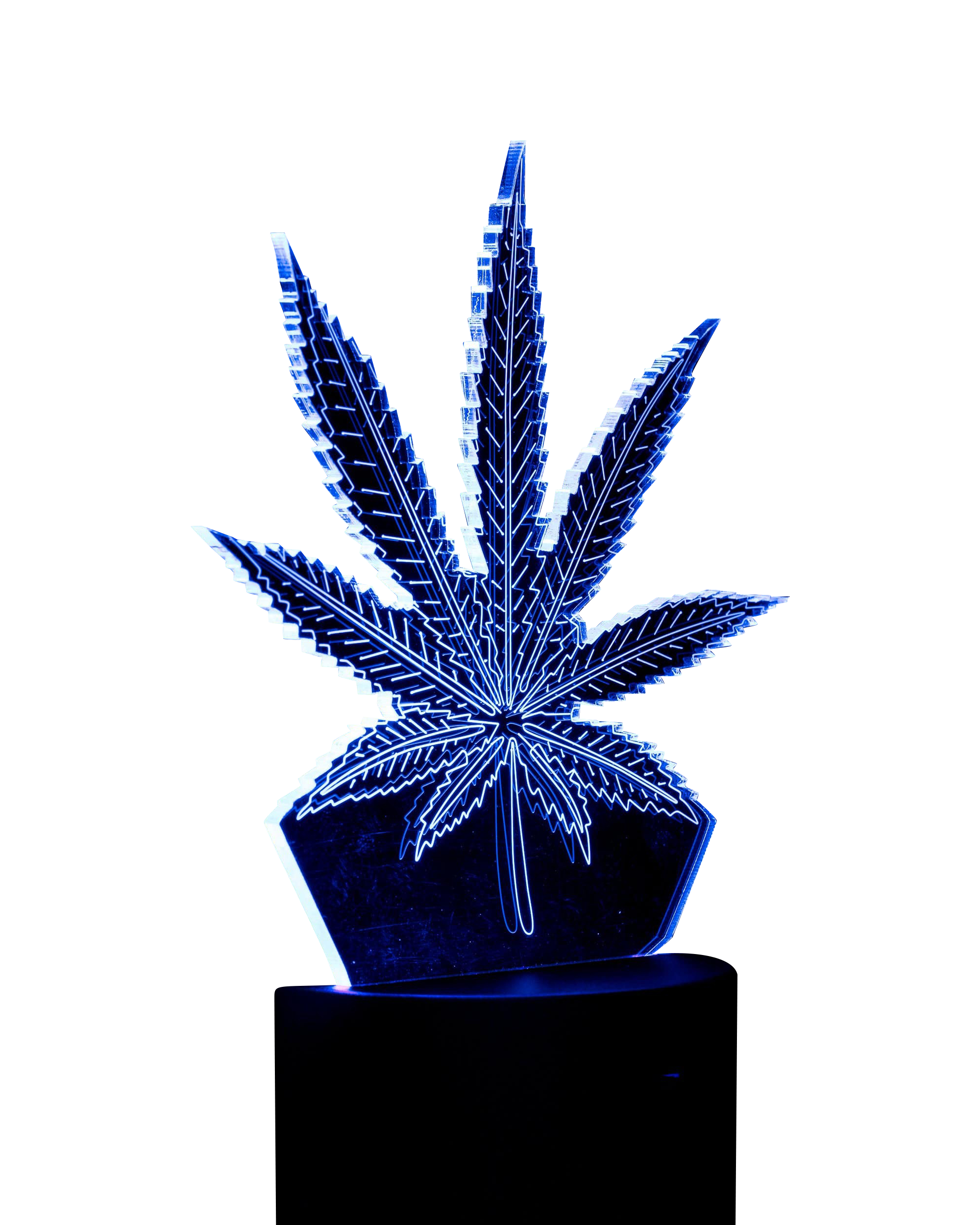 A low-angle shot of the 3D Cannabis Leaf Lamp, displaying a detailed, sculpted leaf design on a black base.