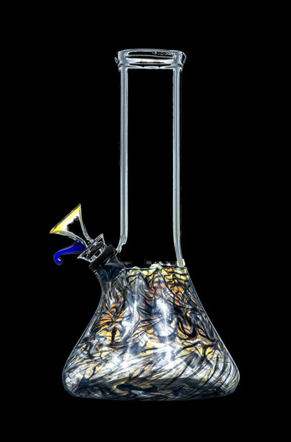 A front view of the DankStop Raked Beaker Water Pipe, showcasing swirling blue and white patterns within the clear glass.