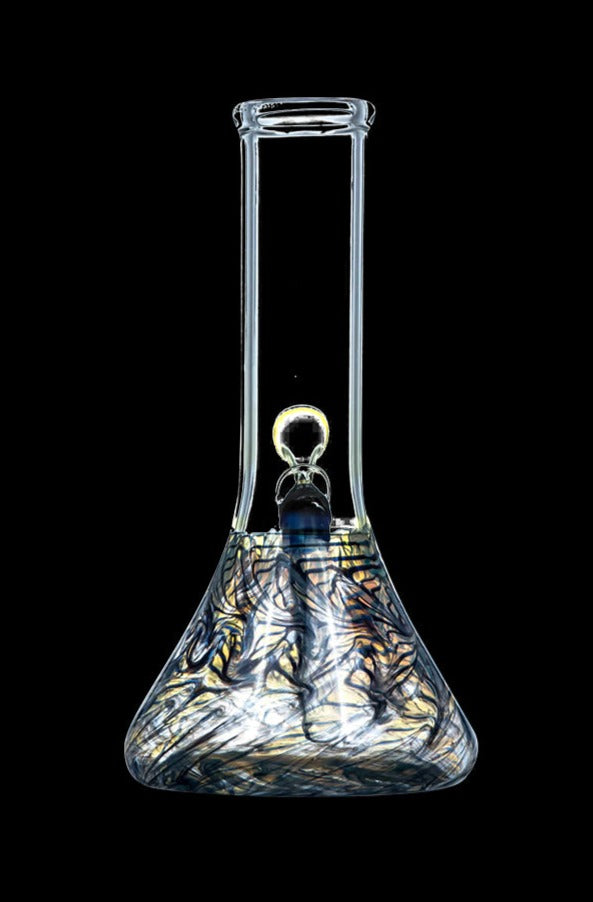 Front view of the DankStop Raked Beaker Water Pipe with a swirling, colorful glass design against a black background.