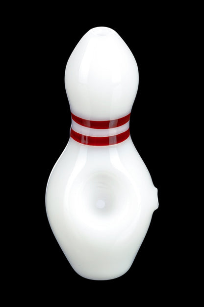 White glass cannabis water pipe shaped like a bowling pin with red stripes.