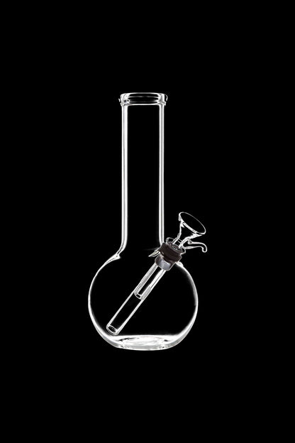Front view of the Clear Glass Basic Water Pipe, a simple, clear glass tube with a flared base against a dark background.