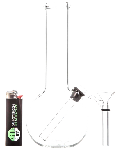 A front view of the Clear Glass Basic Water Pipe, showcasing its simple, transparent glass construction against a plain background.