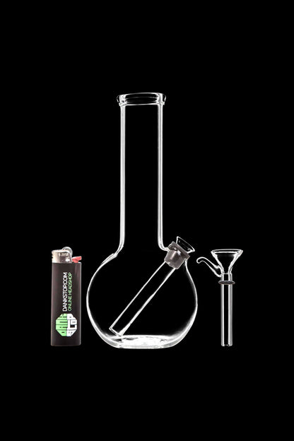 A front view of the Clear Glass Basic Water Pipe, showcasing its simple, clear glass construction and cylindrical shape.