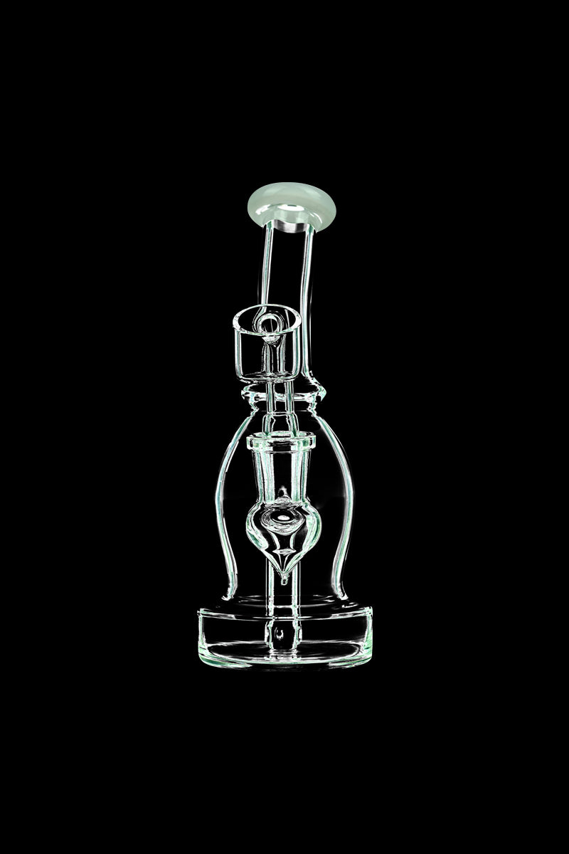 A front view of the DankStop Curved Body Dab Rig With Colored Accents, showcasing its curved glass body and colorful accents.