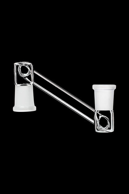 A side view of the Dropdown Adapter, a clear glass connector with a curved design and visible joint detail.