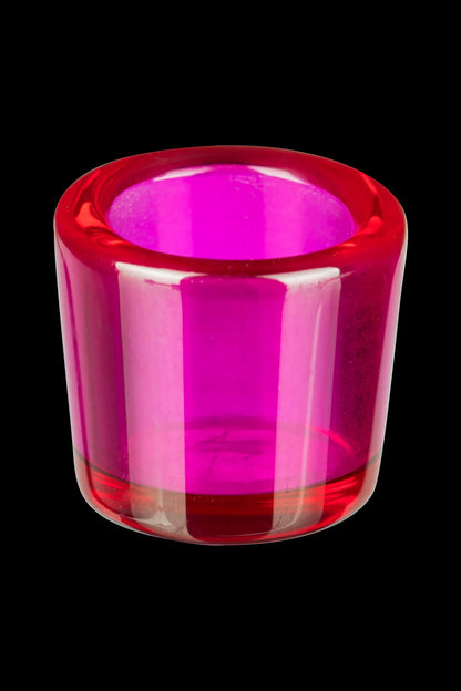 A straight-on view of the E-Rig Compatible Ruby Quartz Cup Insert, showing the smooth, translucent red glass.