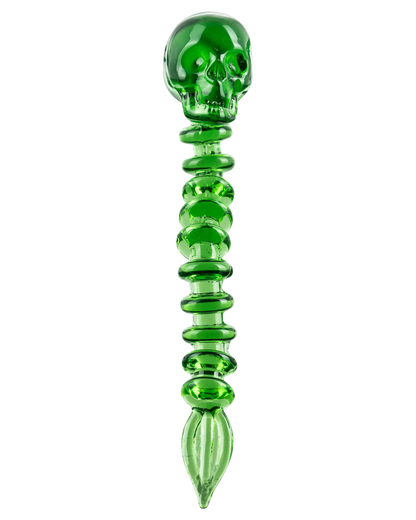 Front view of the Fatality Dabber, a sleek, green glass tool with a pointed tip, isolated on a white background.