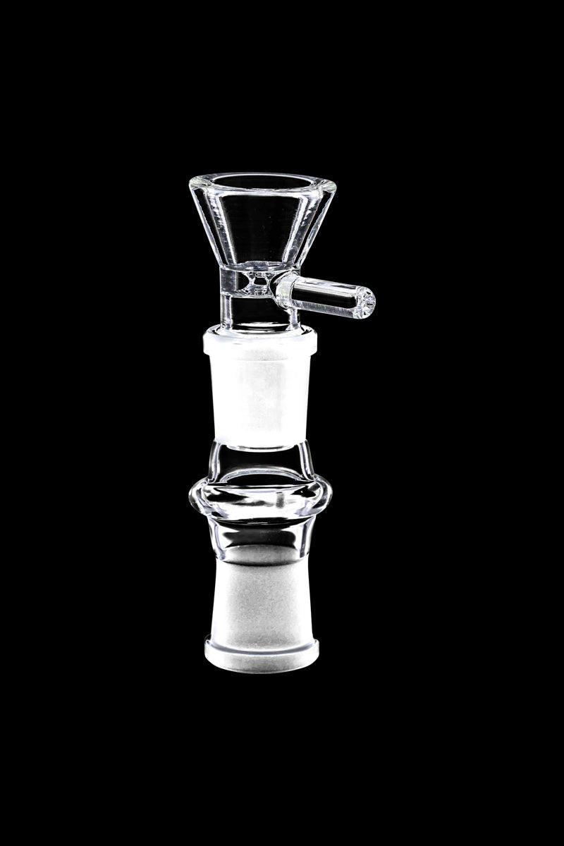 Front view of the Female Adapter and Bowl Converter Kit, a clear glass adapter with a rounded bowl, set against a dark background.