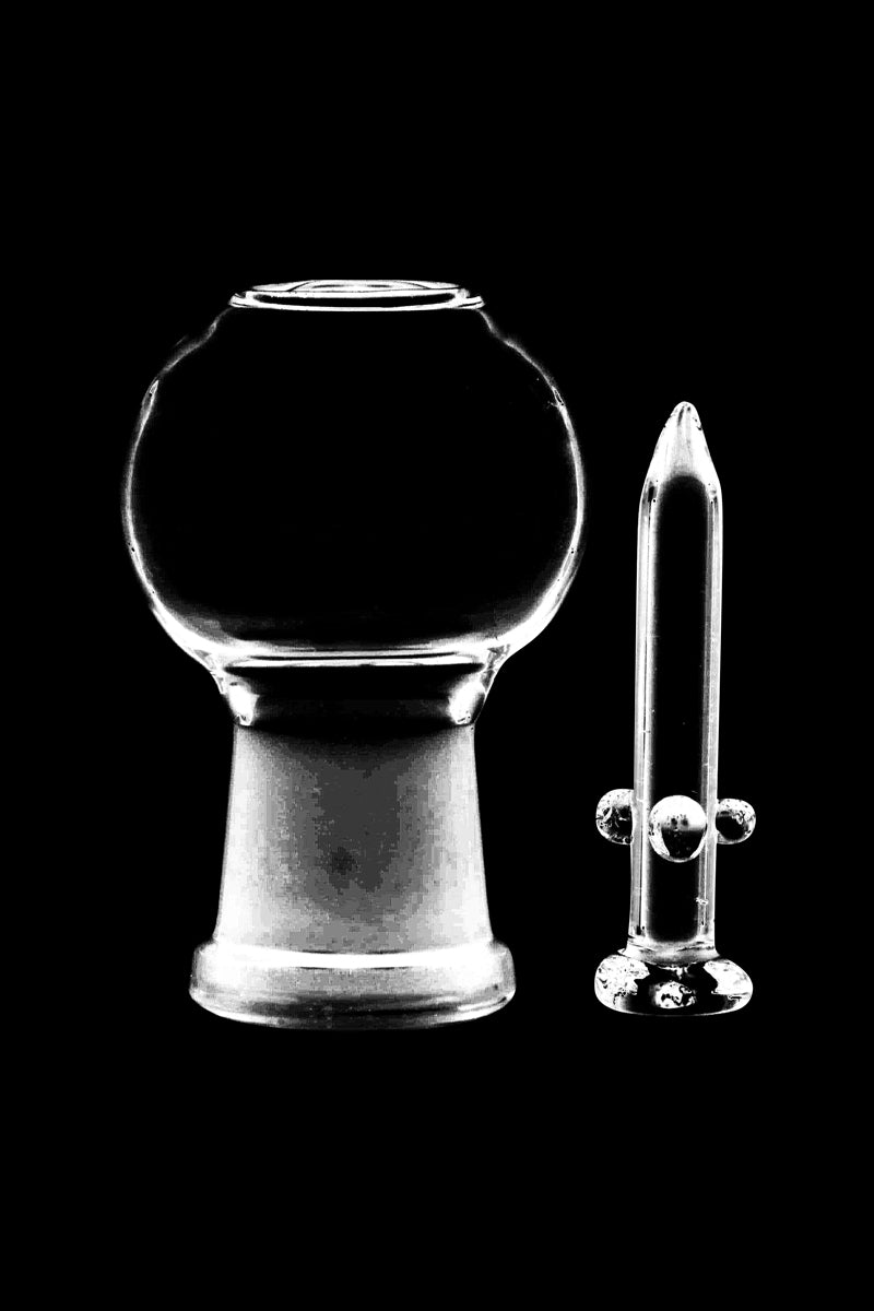 The Glass Dome and Nail are displayed in a studio shot, showcasing the clear glass components against a black background.