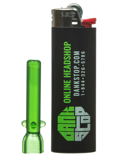 A close-up, side view of the Glass Nail positioned next to a lighter, emphasizing its clear glass construction.