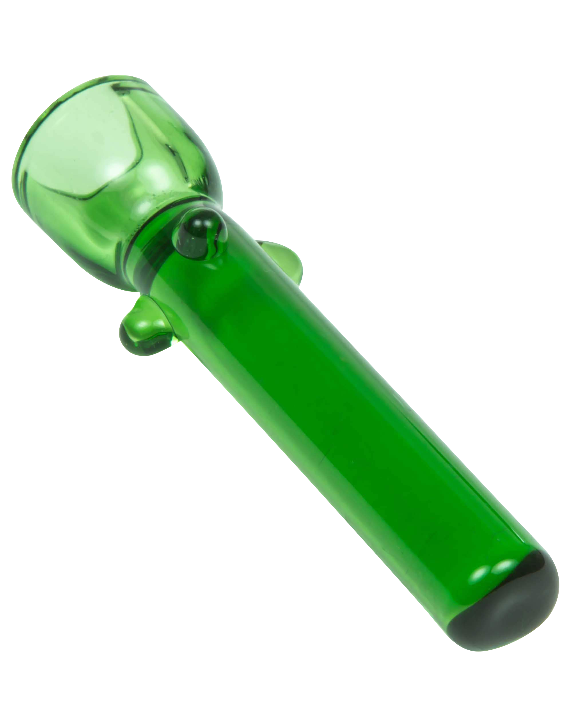 A close-up view of the Glass Nail, displaying its curved tip and smooth, translucent green glass construction.