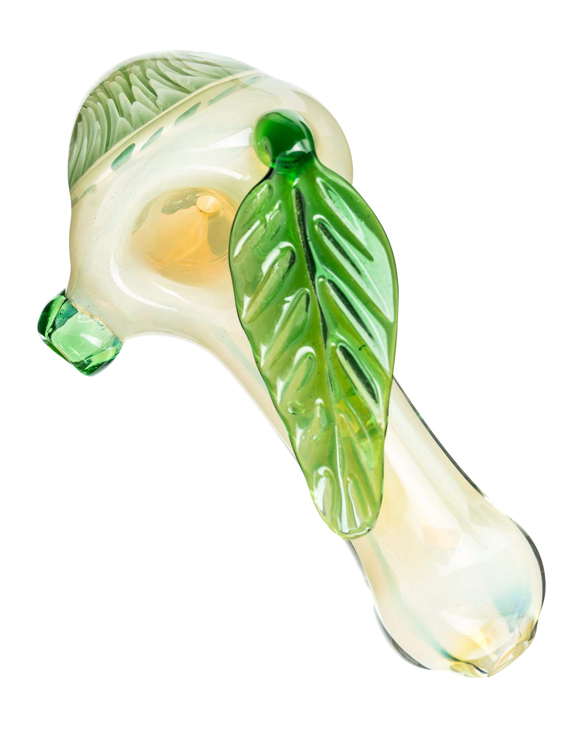 A side view of the Leafy Green Mushroom Milli Spoon Pipe, showing the green-tinted glass and curved design.