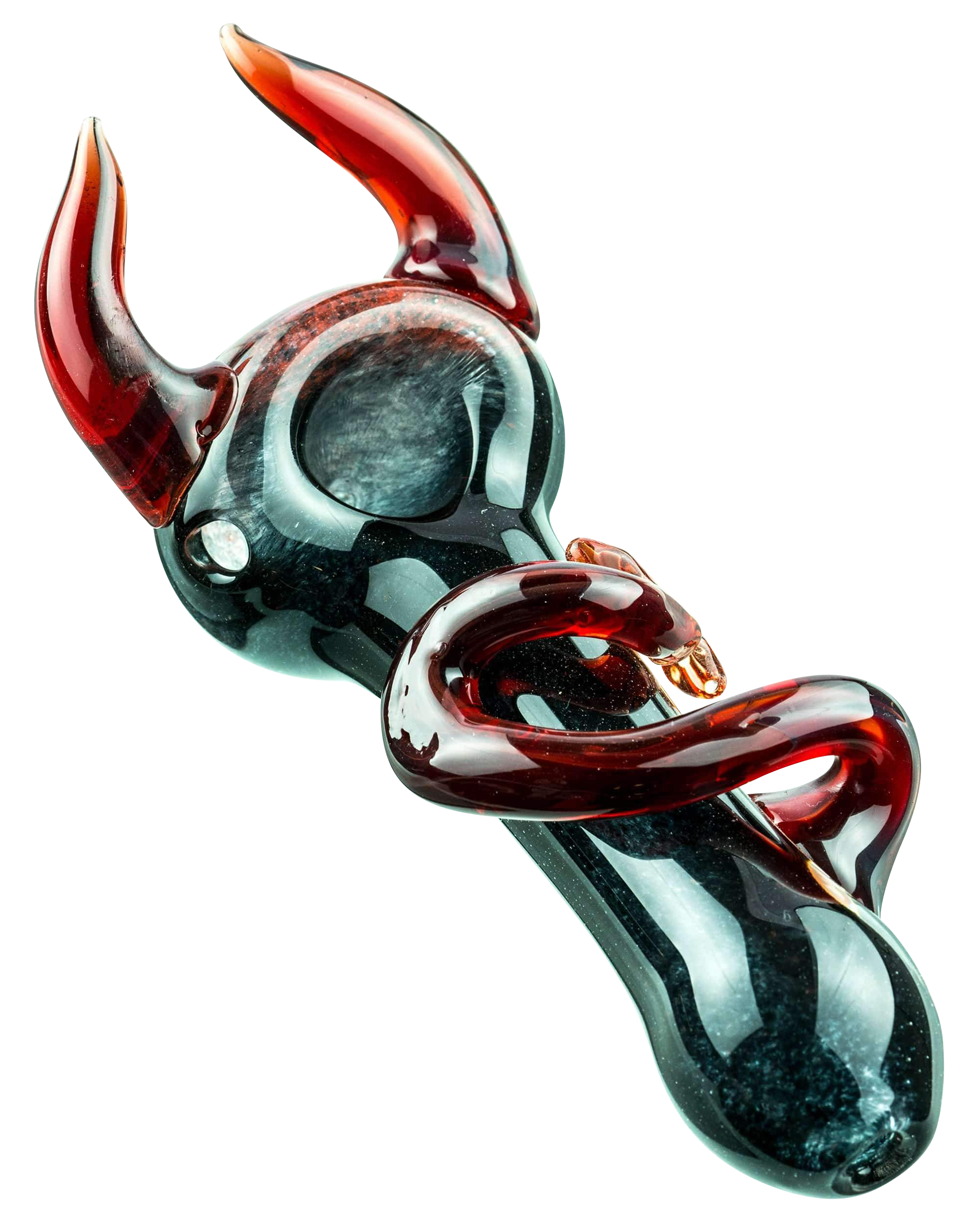 A close-up view of the Little Devil Hand Pipe, showcasing its dark glass and curved design against a plain white background.