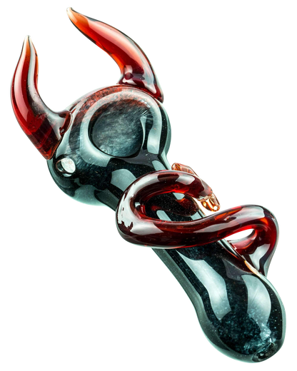A close-up view of the Little Devil Hand Pipe, showcasing its dark glass and curved design against a plain white background.
