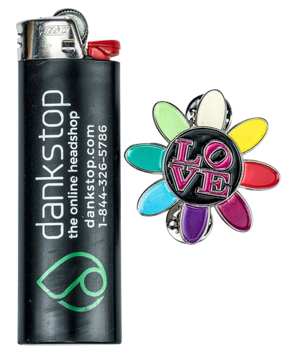 A close-up shot of the Love Daisy Metal Pin, showcasing its floral design and colorful enamel details.