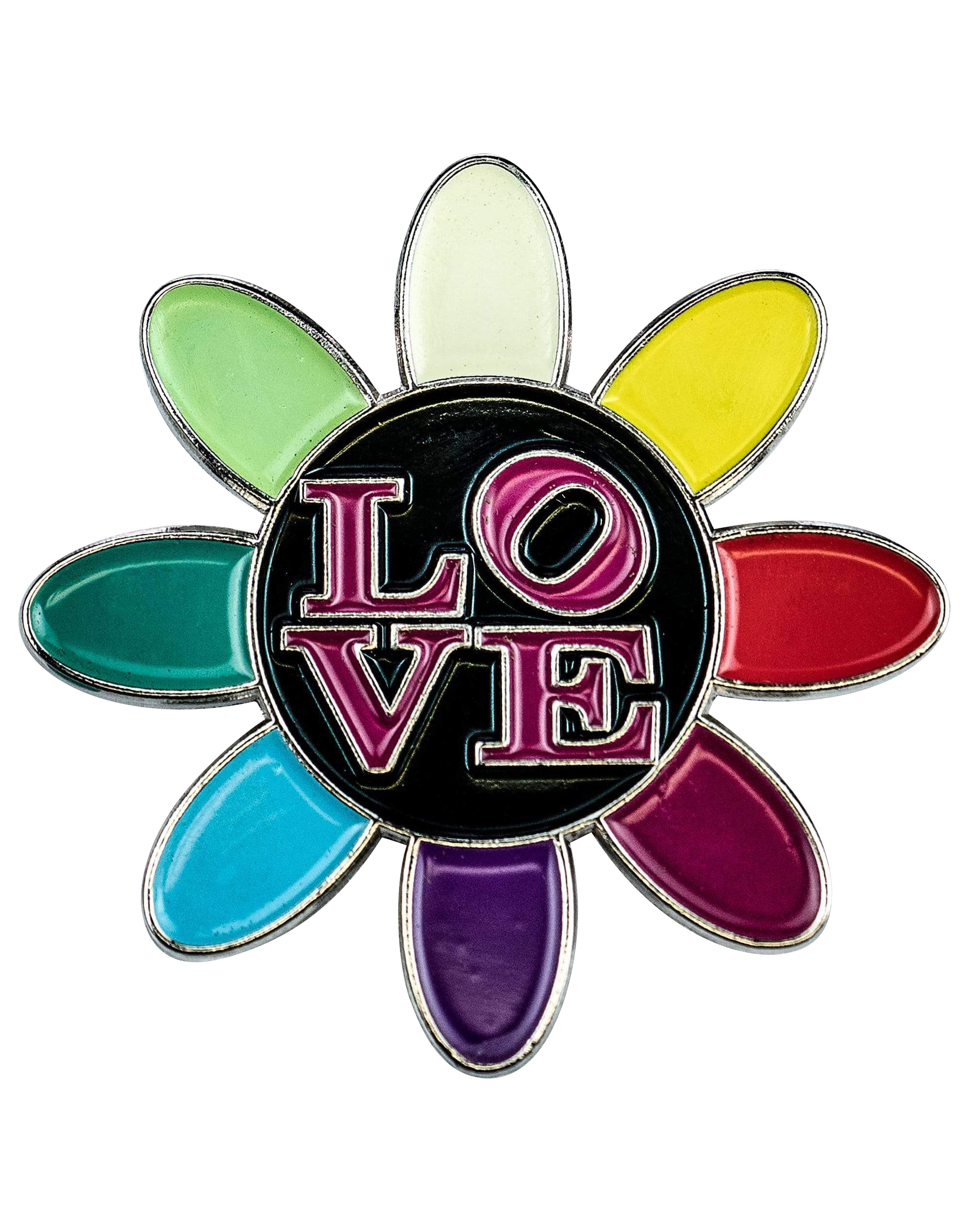 The Love Daisy Metal Pin displays a colorful, floral arrangement with petals in shades of purple, green, and pink.