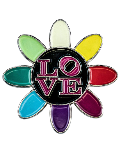 The Love Daisy Metal Pin displays a colorful, floral arrangement with petals in shades of purple, green, and pink.