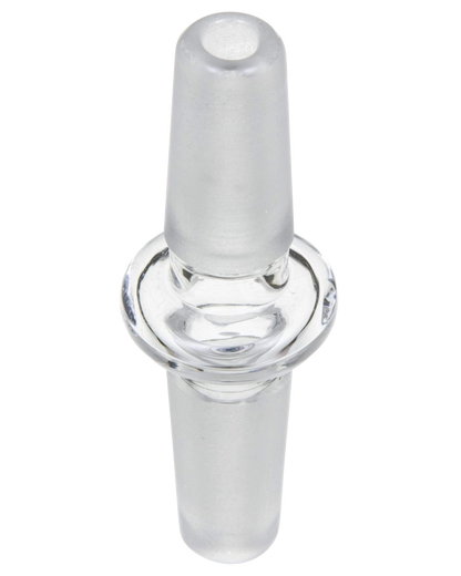 A clear glass Male to Male Glass Adapter is pictured from a slight upward angle against a white backdrop.
