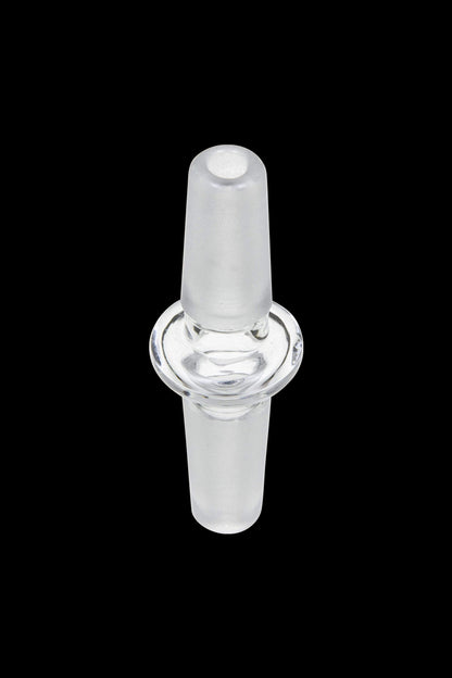 A clear glass Male to Male Glass Adapter is pictured from a slightly angled front view against a plain white background.