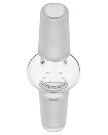 A clear glass Male to Male Glass Adapter is displayed at a slight angle against a plain white background.