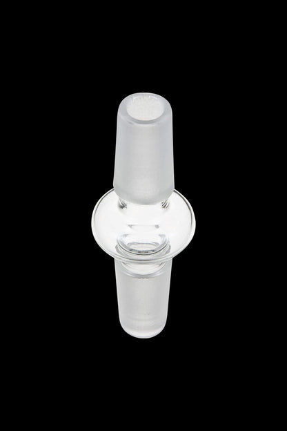 A clear glass Male to Male Glass Adapter is shown in a front view, featuring a simple cylindrical shape with rounded ends.