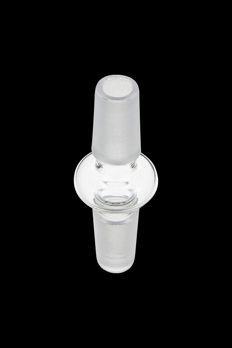 A clear glass Male to Male Glass Adapter is shown in a front view, featuring a simple cylindrical shape with rounded ends.