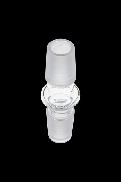 A clear glass Male to Male Glass Adapter is displayed in a slightly angled, studio shot.