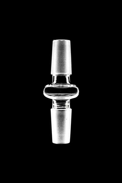 A straight-on view of the Male to Male Glass Adapter, showing its clear glass construction and simple cylindrical shape.